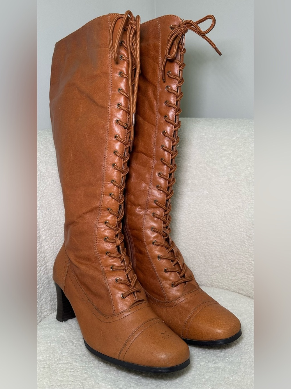 AJ Valenci Cognac Brown Leather Full Lace-Up Knee High Boots Preppy Old Money 9W